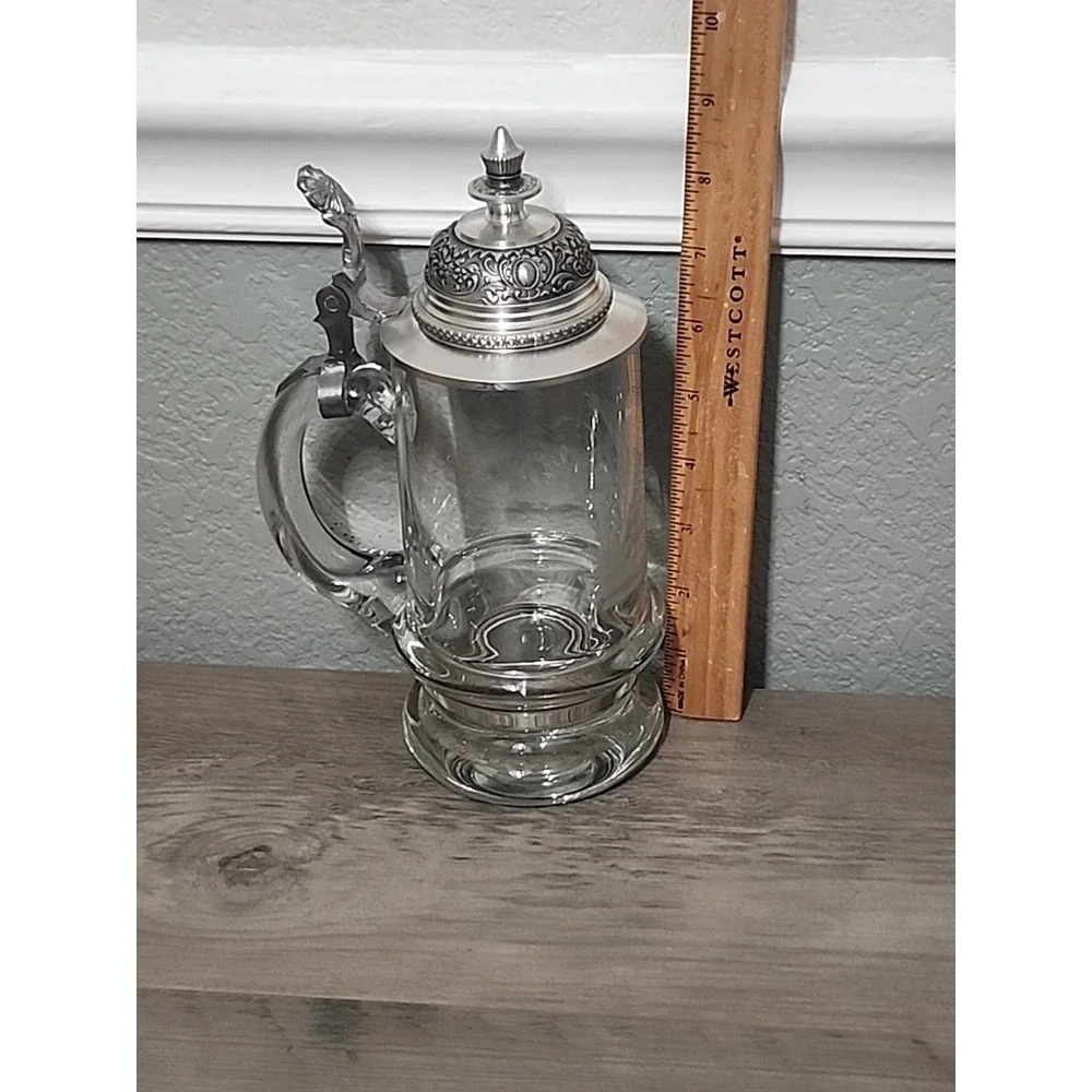 Vtg  Etched Crystal German Beer Mug Tankard Stein Glass Pheasant Pewter Lid 6.5